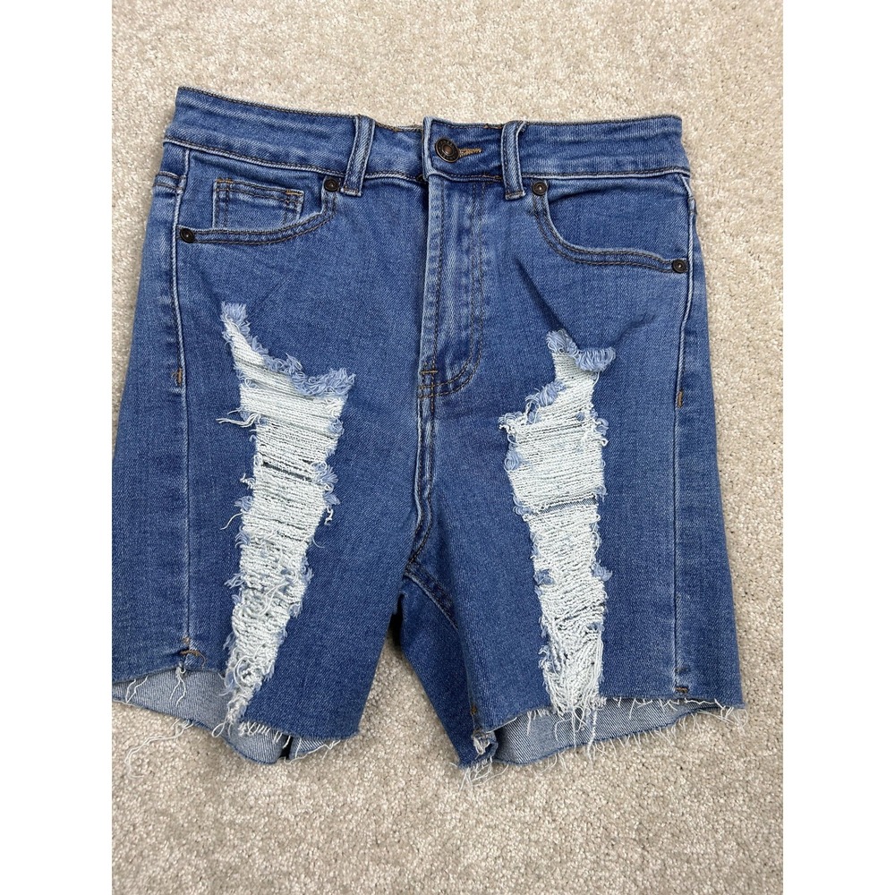 Angel Shorts Womens Small Blue Distressed Denim Bermuda Frayed Hem‎ Raw Edge